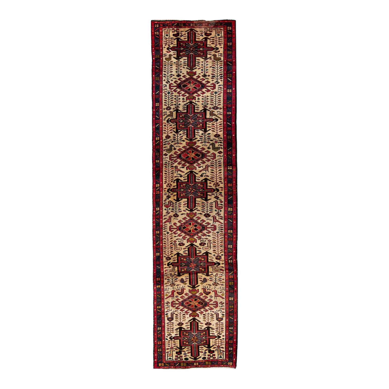 Vintage Persian Heriz Red Wool Runner 2'4 x 10' Hand-Knotted: Vintage Persian Heriz Red Wool Runner 2'4 x 10' Hand-Knotted This exquisite vintage Persian Heriz wool runner showcases a stunning red color field with a gray frame and vibrant multicolor accents in a