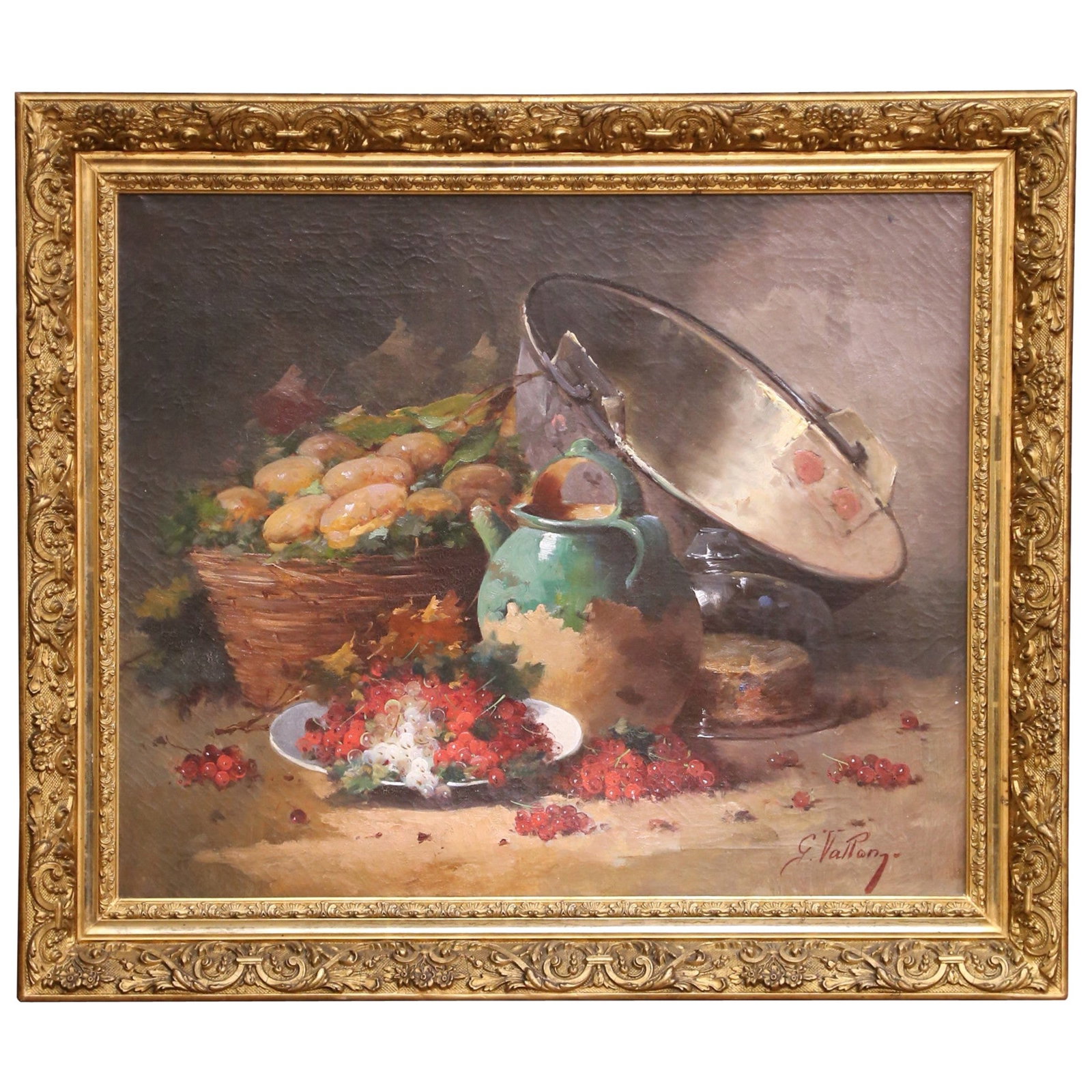 19th Century French Still Life Oil Painting by G. Vallon in Gilt Frame: 19th Century French Still Life Oil Painting by G. Vallon in Gilt Frame This exquisite late 19th-century French still life oil painting, created by the renowned academic artist G. Vallon, showcases a v