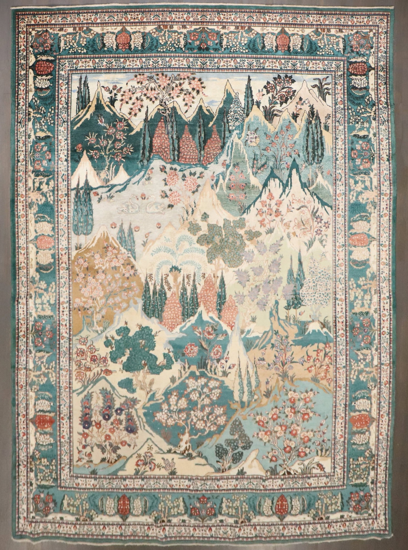 9' 10" x 13' 3" Persian Tabriz Room Rug Landscape Design: 9' 10" x 13' 3" Persian Tabriz Room Rug Landscape Design Vintage Persian Tabriz rug from the 1930s featuring a landscape all-over design. This pre-owned room-size rug offers a classic Tabriz style and