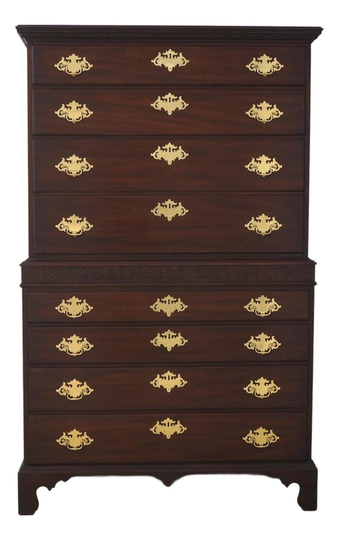 SPNEA Perkins Mahogany High Chest Chippendale Style by Henkel Harris: SPNEA Perkins Mahogany High Chest Chippendale Style by Henkel Harris This Henkel Harris SPNEA Collection Perkins High Chest, crafted circa 1988, features a classic Chippendale design inspired by 18th-