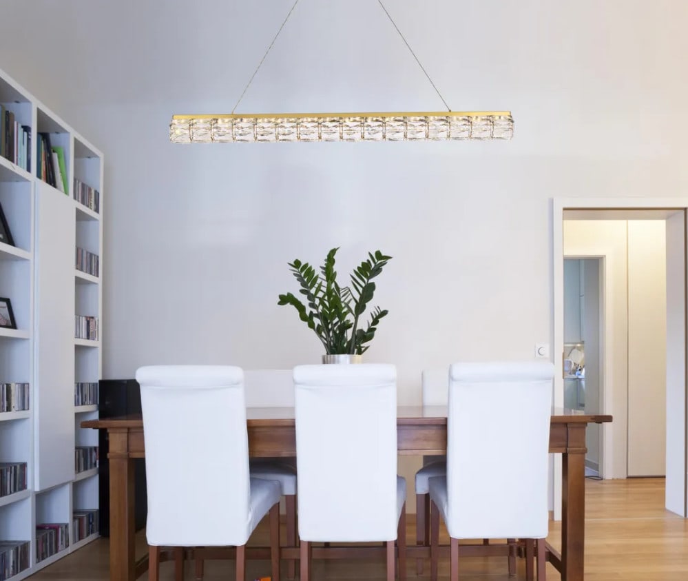 Valetta Gold LED Crystal Chandelier 48 Inch: Valetta Gold LED Crystal Chandelier 48 Inch This modern crystal chandelier features a gold finish and a sleek rectangular design, making it a striking addition to dining rooms, kitchen islands, or liv