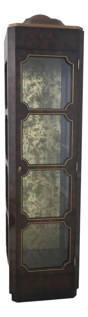 Mastercraft Mid Century Modern Curio Cabinet Walnut Brass Trim 1 Door: Mastercraft Mid Century Modern Curio Cabinet Walnut Brass Trim 1 Door This exquisite Mastercraft Mid Century Modern 1 Door Curio Cabinet showcases a stunning burl walnut finish complemented by high-qu
