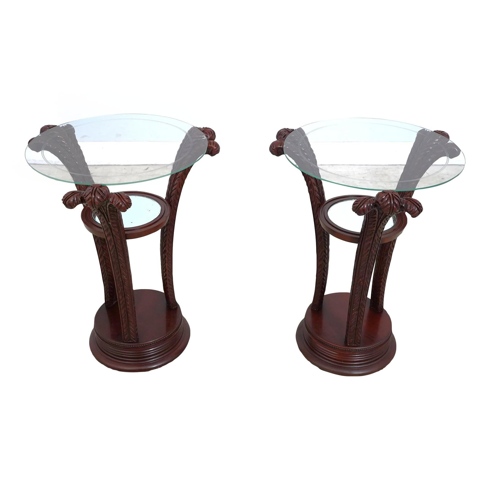 Elegant Pair of Hollywood Regency Plum Carved Glass Lamp Tables: Elegant Pair of Hollywood Regency Plum Carved Glass Lamp Tables This elegant pair of Hollywood Regency lamp tables features exquisite plum carved details and quality construction, dating back to the 1