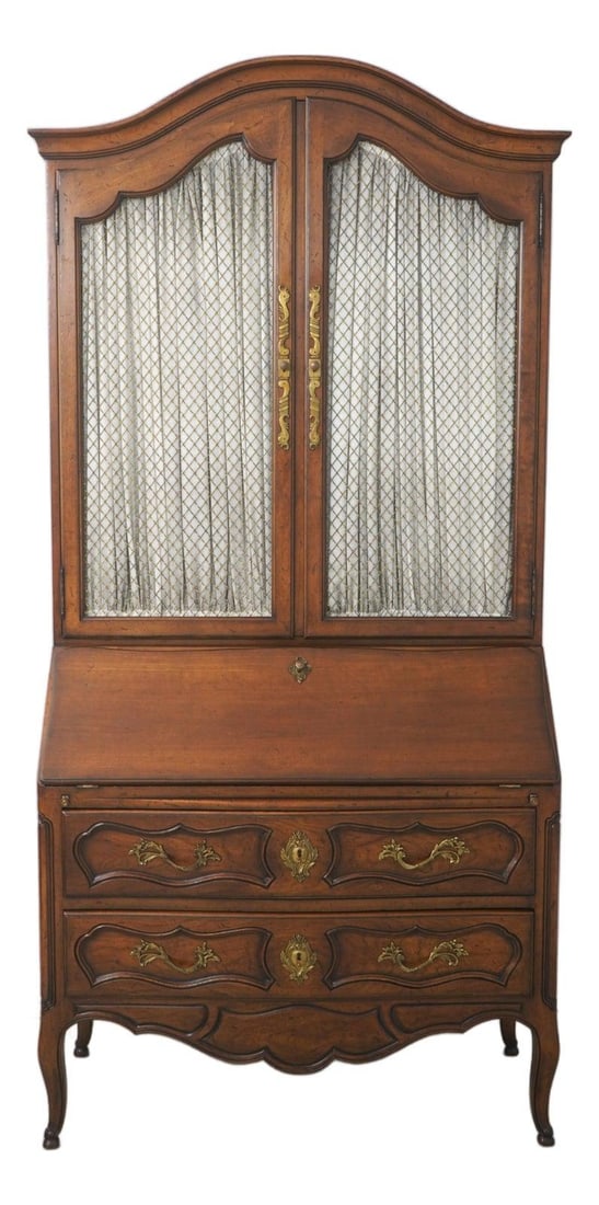 Walnut Country French Secretary Desk With Bookcase Top and Glass Doors: Walnut Country French Secretary Desk With Bookcase Top and Glass Doors This Country French secretary desk with bookcase top features a walnut color finish and showcases factory distressed detailing. T