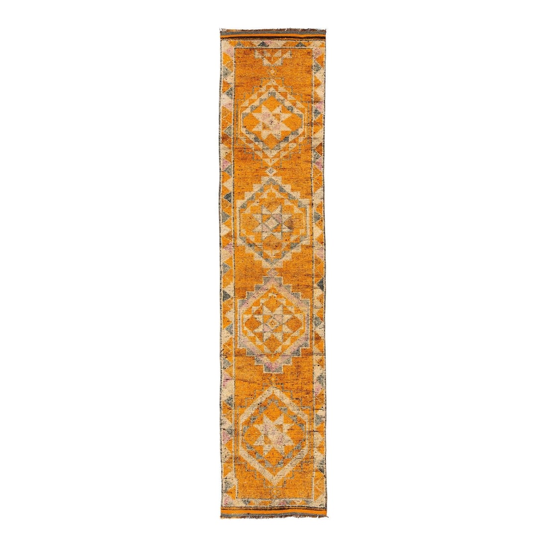 Turkish Wool Runner Rug Orange Geometric Design Hand-Knotted 2'9 x 12'6: Turkish Wool Runner Rug Orange Geometric Design Hand-Knotted 2'9 x 12'6 This vintage hand-knotted Turkish runner features three central diamond medallions surrounded by intricate tribal patterns in