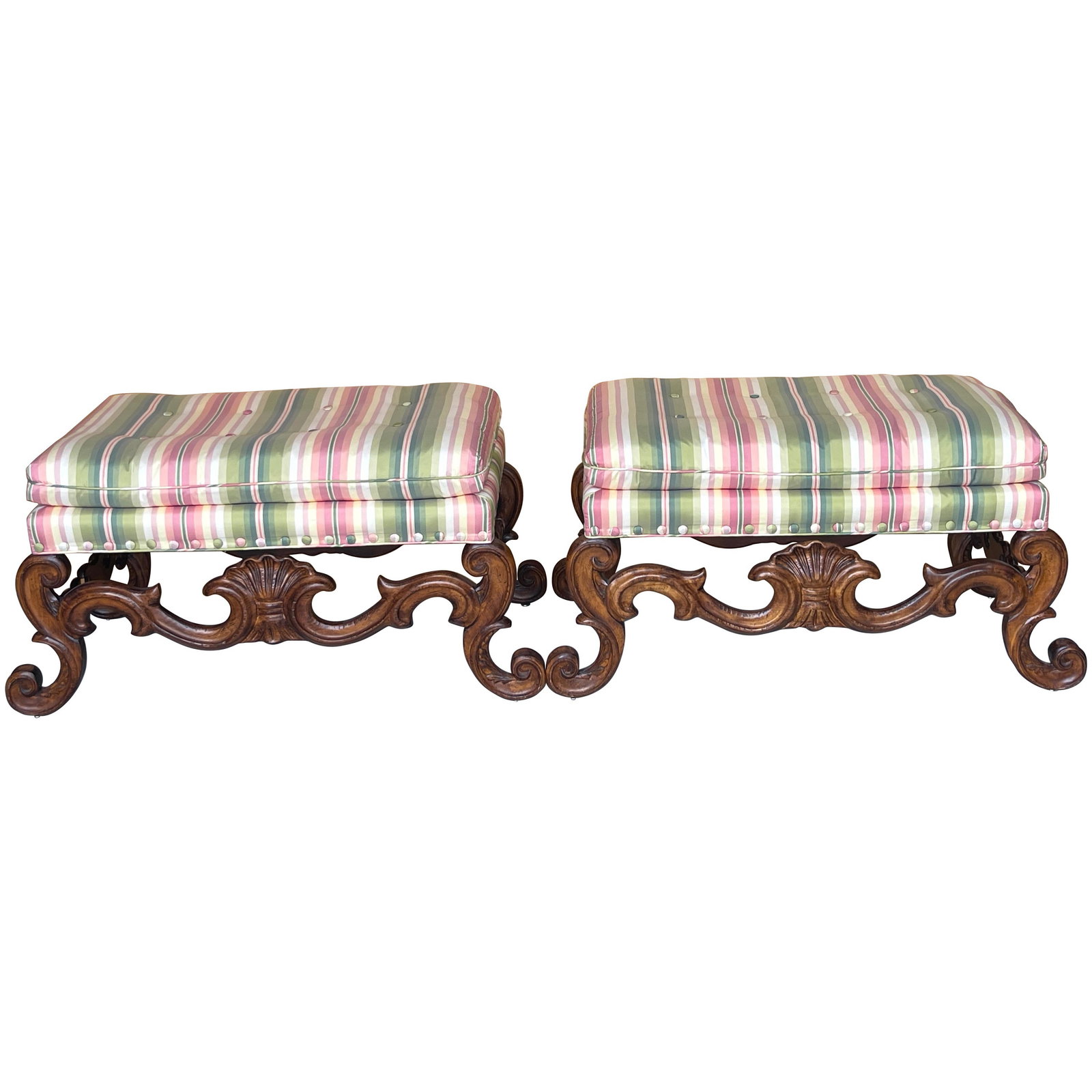 Baker Neoclassical Shell Carved Walnut Benches Set of 2: Baker Neoclassical Shell Carved Walnut Benches Set of 2 This exquisite pair of Carved Walnut Neoclassical Shell Benches is expertly crafted by Baker, showcasing a refined style that adds elegance to a