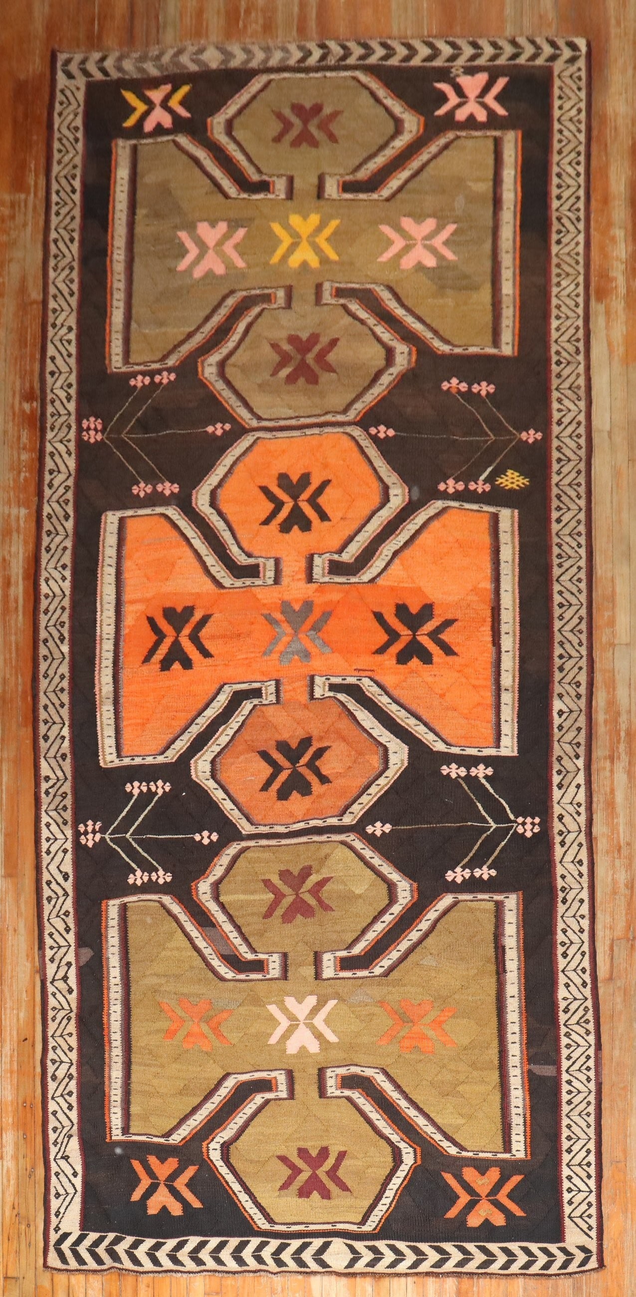6' 3" x 14' 8" Vintage Kars Kilim Gallery Rug: 6' 3" x 14' 8" Vintage Kars Kilim Gallery Rug Vintage large scale Kars kilim in a gallery-size format, featuring a geometric pattern. This 20th century rug is offered in pre-owned condition. Specifica
