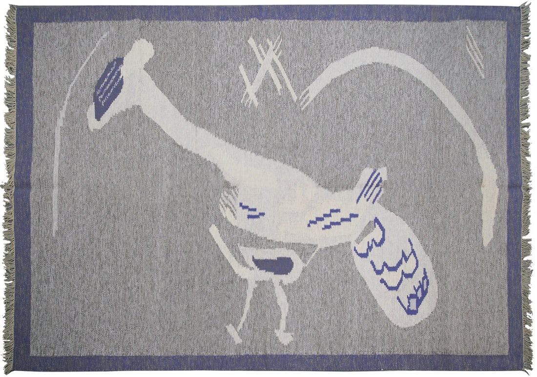 158cm x 221cm Scandinavian Wool Tapestry Rug with Abstract Bird Motif: 158cm x 221cm Scandinavian Wool Tapestry Rug with Abstract Bird Motif Vintage Scandinavian flat woven tapestry rug with an Art Nouveau bird motif and abstract geometric design. It is hand-knotted, han