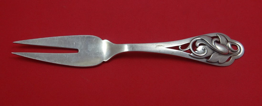 Frigast Sterling Silver Serving Fork 2 Tine Leaf Handle 7 7/8" (1 of 1)