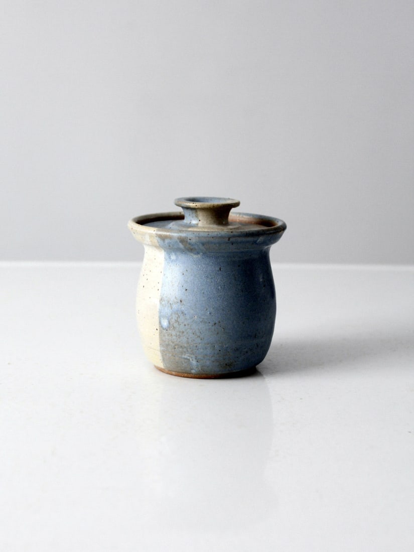 1984 Vintage Studio Pottery Jar by Palmer Cream Blue Glaze Knobbed Lid (1 of 10)