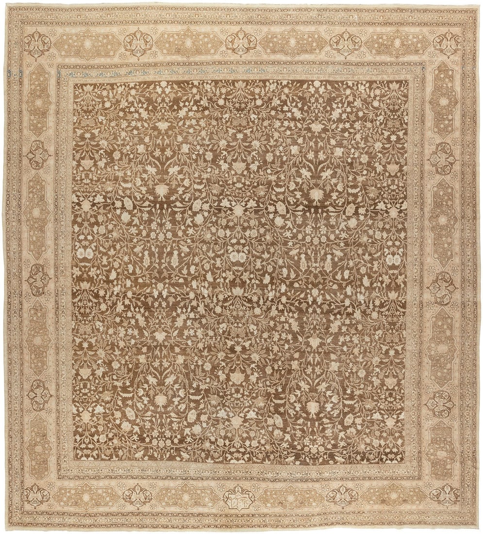 13' x 14' 4" Oversize Square Persian Tabriz Floral Rug: 13' x 14' 4" Oversize Square Persian Tabriz Floral Rug Early 20th century Persian Tabriz rug featuring a floral design in ivory and brown. This oversize square rug is offered in pre-owned condition. S