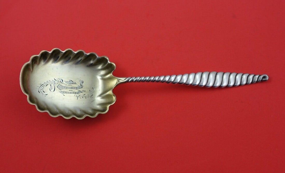 Whiting Oval Twist Sterling Silver Berry Spoon 8 7/8 Gold Wash Monogrammed: Whiting Oval Twist Sterling Silver Berry Spoon 8 7/8 Gold Wash Monogrammed Introducing the Oval Twist Berry Spoon by Whiting, a stunning piece crafted from sterling silver. This elegant serving spoon 