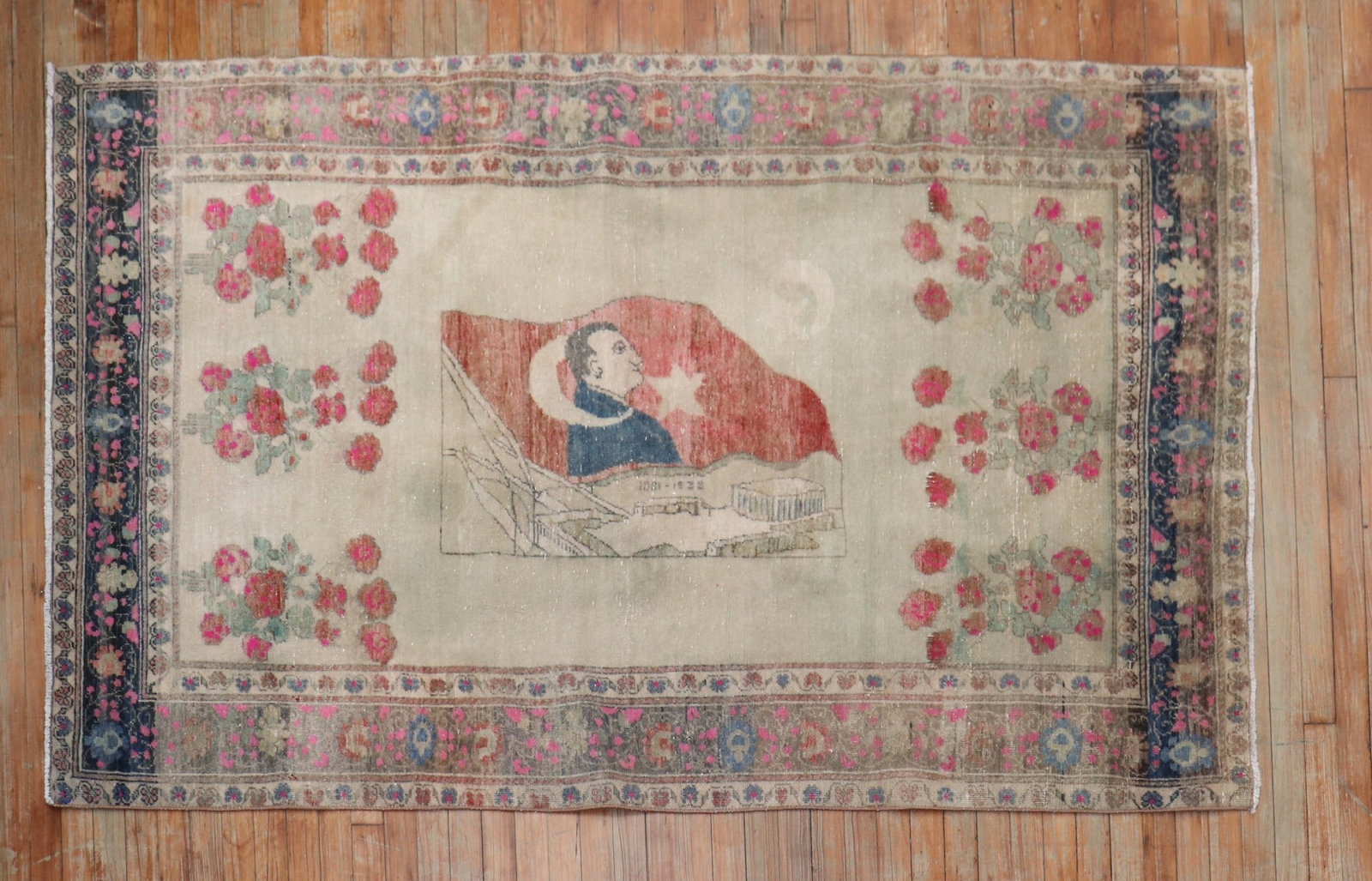 4' 4" x 7' Turkish Sivas pictorial rug with Ataturk: 4' 4" x 7' Turkish Sivas pictorial rug with Ataturk Mid-20th century Turkish Sivas pictorial rug featuring former President Mustafa Kemal Ataturk. This pre-owned accent rug presents a portrait-style d
