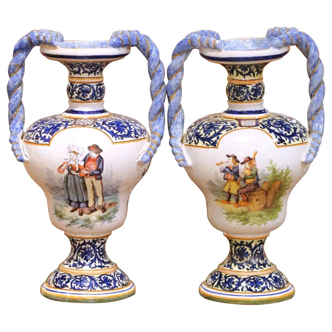 19th Century French Desvres Faience Urns Set of 2 with Twisted Handles: 19th Century French Desvres Faience Urns Set of 2 with Twisted Handles Enhance your decor with this exquisite pair of 19th-century French Desvres faience urns. Crafted in northern France around 1880, 