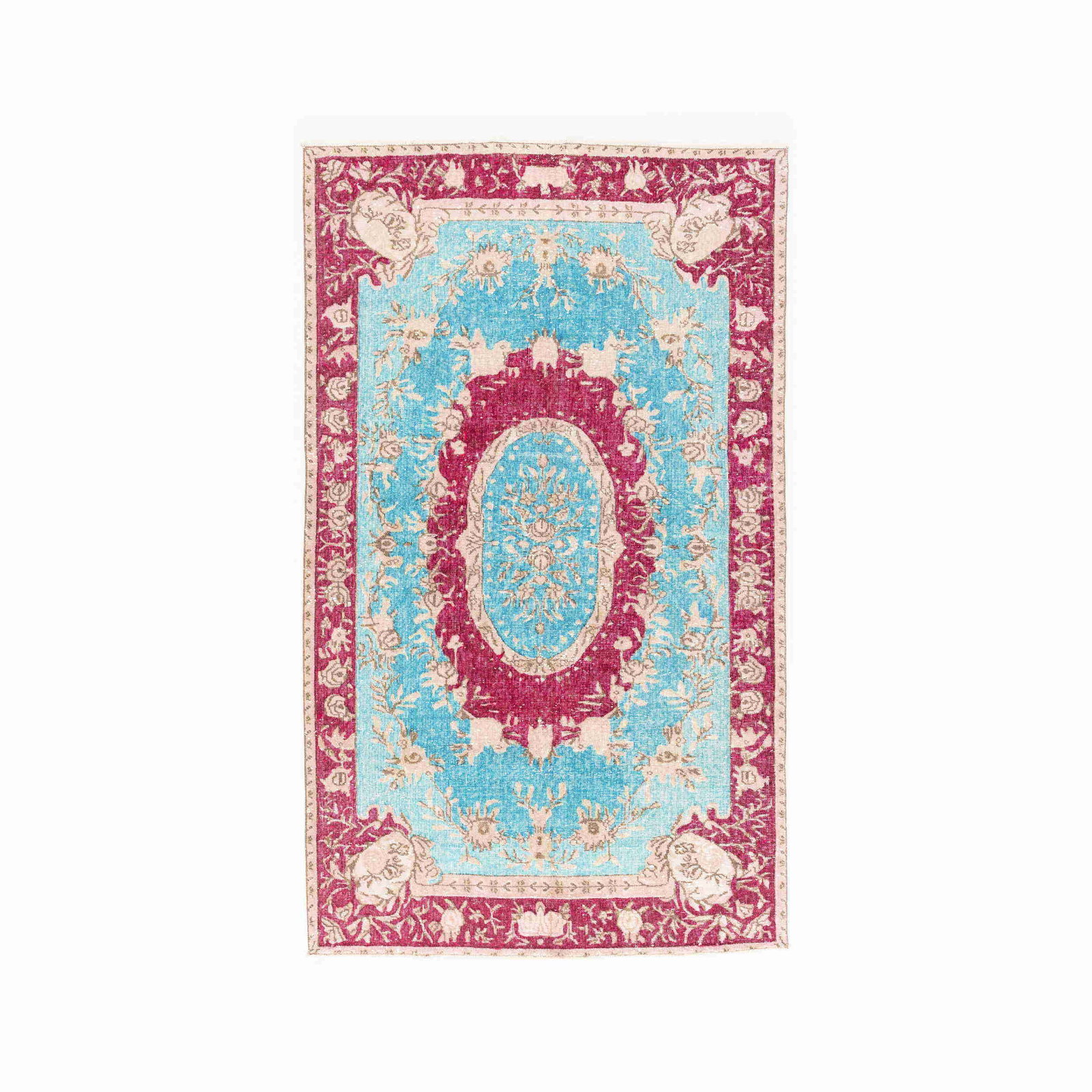 Vintage Handmade Wool on Cotton Carpet 61.8 x 104.7 Inches: Vintage Handmade Wool on Cotton Carpet 61.8 x 104.7 Inches Discover the beauty of this Authentic Handmade Vintage Carpet, skillfully crafted from high-quality wool on cotton. This stunning piece featu