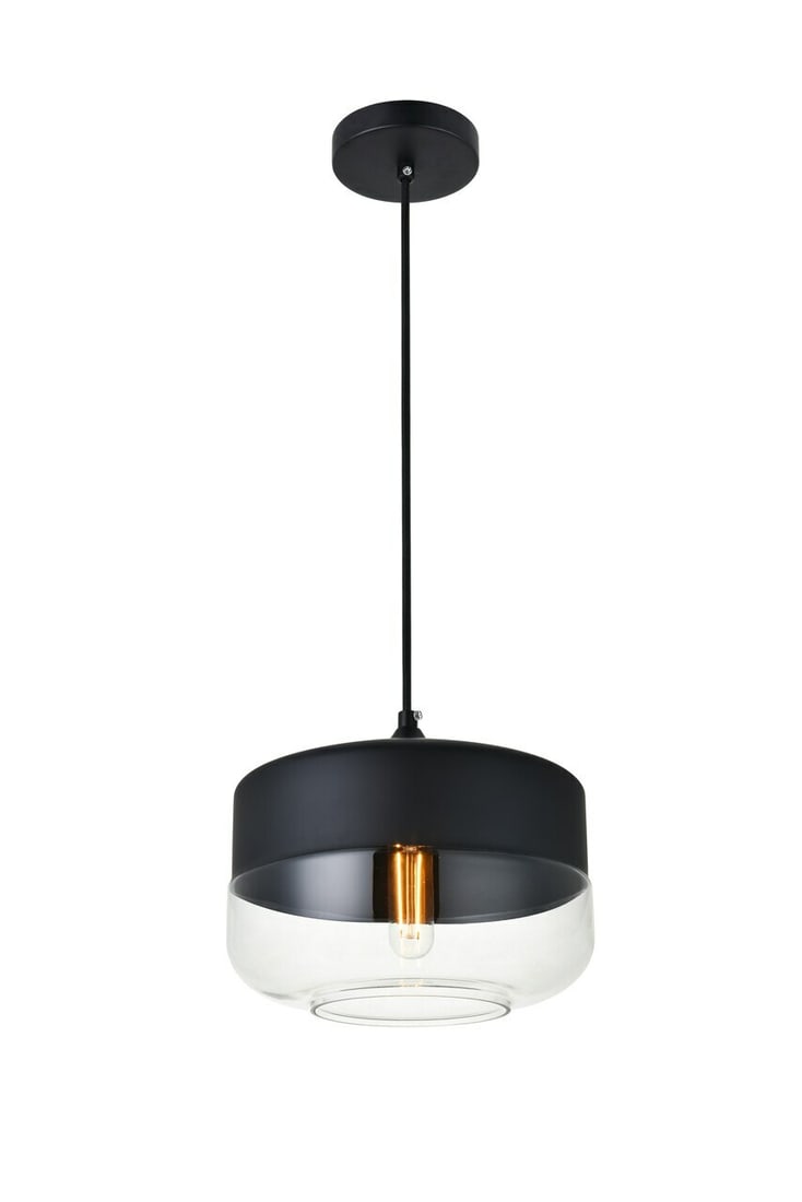 Ashwell 1 Light Black Clear Glass Pendant by Lighting: Ashwell 1 Light Black Clear Glass Pendant by Lighting Modern black pendant chandelier with a clear cylindrical glass shade. It features 1-light construction, dimmable operation, hardwired power, and a