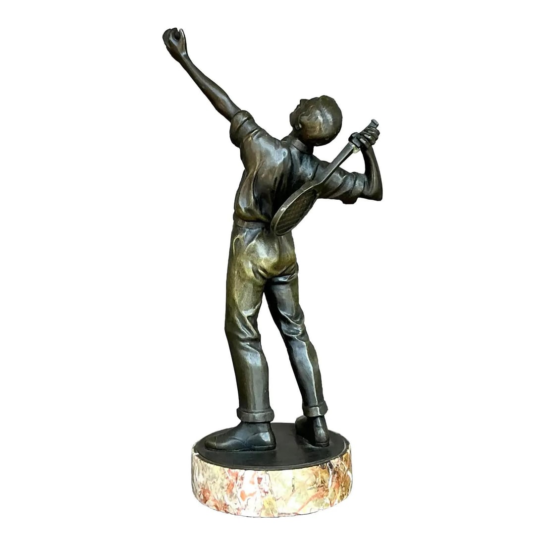 Vintage Bronze Tennis Player Sculpture on Marble Base 12.5": Vintage Bronze Tennis Player Sculpture on Marble Base 12.5" Embrace the timeless spirit of sport with this Vintage Boho Bronze Tennis Player Sculpture, capturing a player in a dynamic mid-serve pose. 