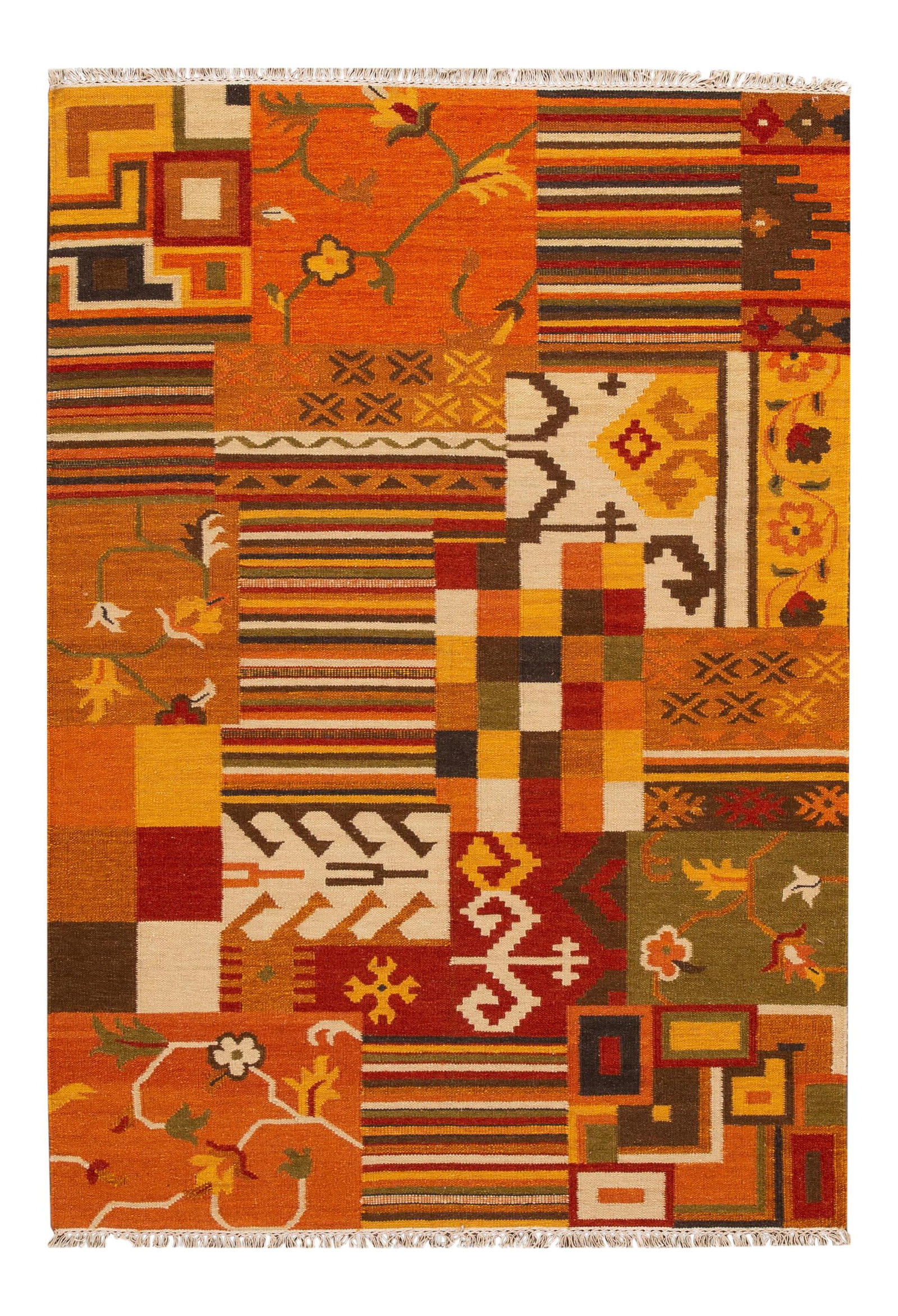 Hand-Woven Orange Kilim Rug 4'6 x 6'6 Modern Design Wool: Hand-Woven Orange Kilim Rug 4'6 x 6'6 Modern Design Wool Elevate your space with this stunning hand-woven contemporary Kilim rug featuring a vibrant orange field and multi-color accents. The all-over 