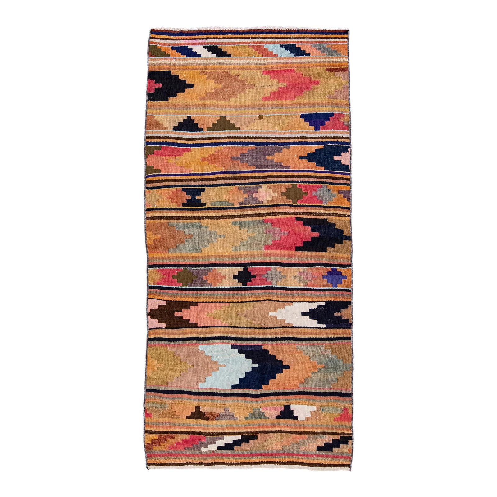 1960s Turkish Kilim Handmade Wool Rug Tan Tribal Design 3'8 x 8'2: 1960s Turkish Kilim Handmade Wool Rug Tan Tribal Design 3'8 x 8'2 This stunning vintage Turkish Kilim rug is handmade from high-quality wool, showcasing a beautiful tan field adorned with vibrant mult