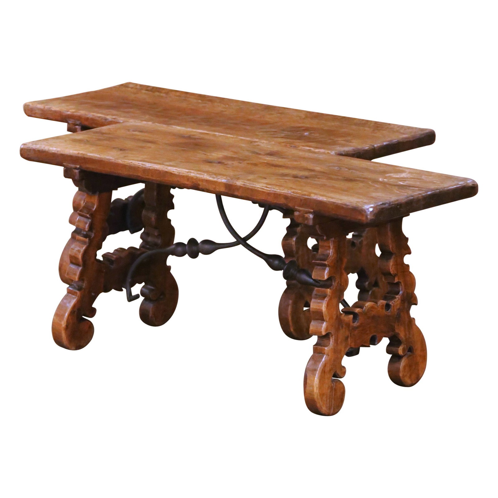 Set of 2 Spanish Walnut Trestle Benches with Iron Stretchers Circa 1950: Set of 2 Spanish Walnut Trestle Benches with Iron Stretchers Circa 1950 This pair of mid-century Spanish trestle tables or benches, crafted circa 1950, showcases traditional rustic design with a Louis
