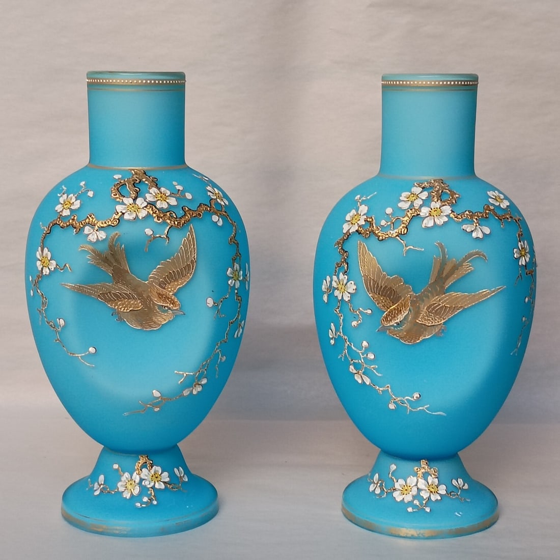 Pair of 11 in Harrach Bohemian blue glass bird vases (1 of 18)
