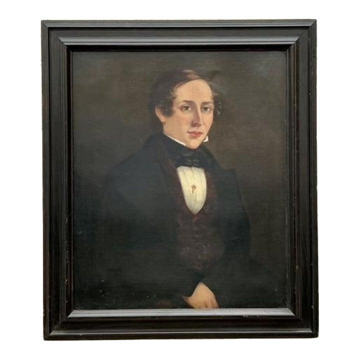 Framed 19th Century Gentleman Oil Portrait on Canvas: Framed 19th Century Gentleman Oil Portrait on Canvas This is an antique original oil portrait on canvas depicting a 19th-century gentleman, painted in rich, moody tones by an unknown artist. The artwo