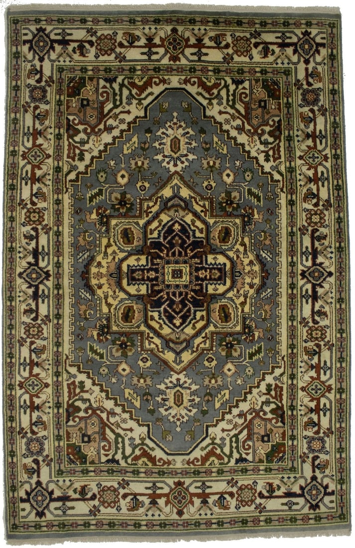 6x9 Hand Knotted Wool Heriz Serapi Tribal Geometric Area Rug: 6x9 Hand Knotted Wool Heriz Serapi Tribal Geometric Area Rug This vintage-style Heriz Serapi area rug features a striking tribal geometric pattern in shades of gray, cream, rusty red, green, pale pink