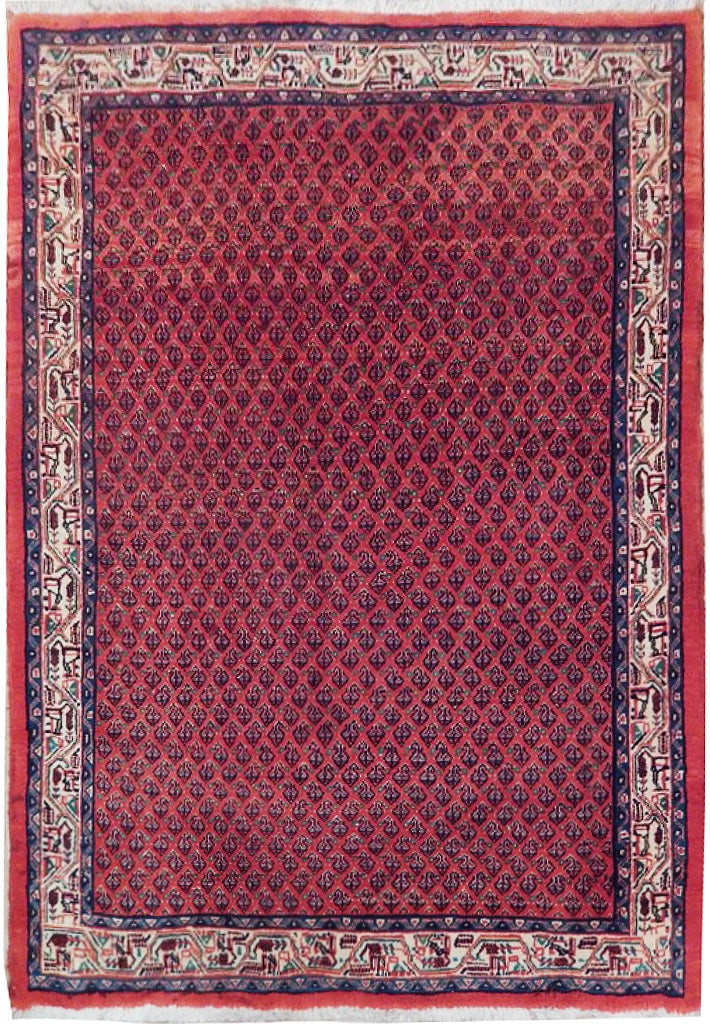 3.8 x 5.2 Red Semi-Antique Persian Mir Area Rug Handwoven in Iran: 3.8 x 5.2 Red Semi-Antique Persian Mir Area Rug Handwoven in Iran Free continental US Shipping Transform your living space with this exquisite 3.8 x 5.2 Red Semi-Antique Persian Mir Rug. Handcrafted b
