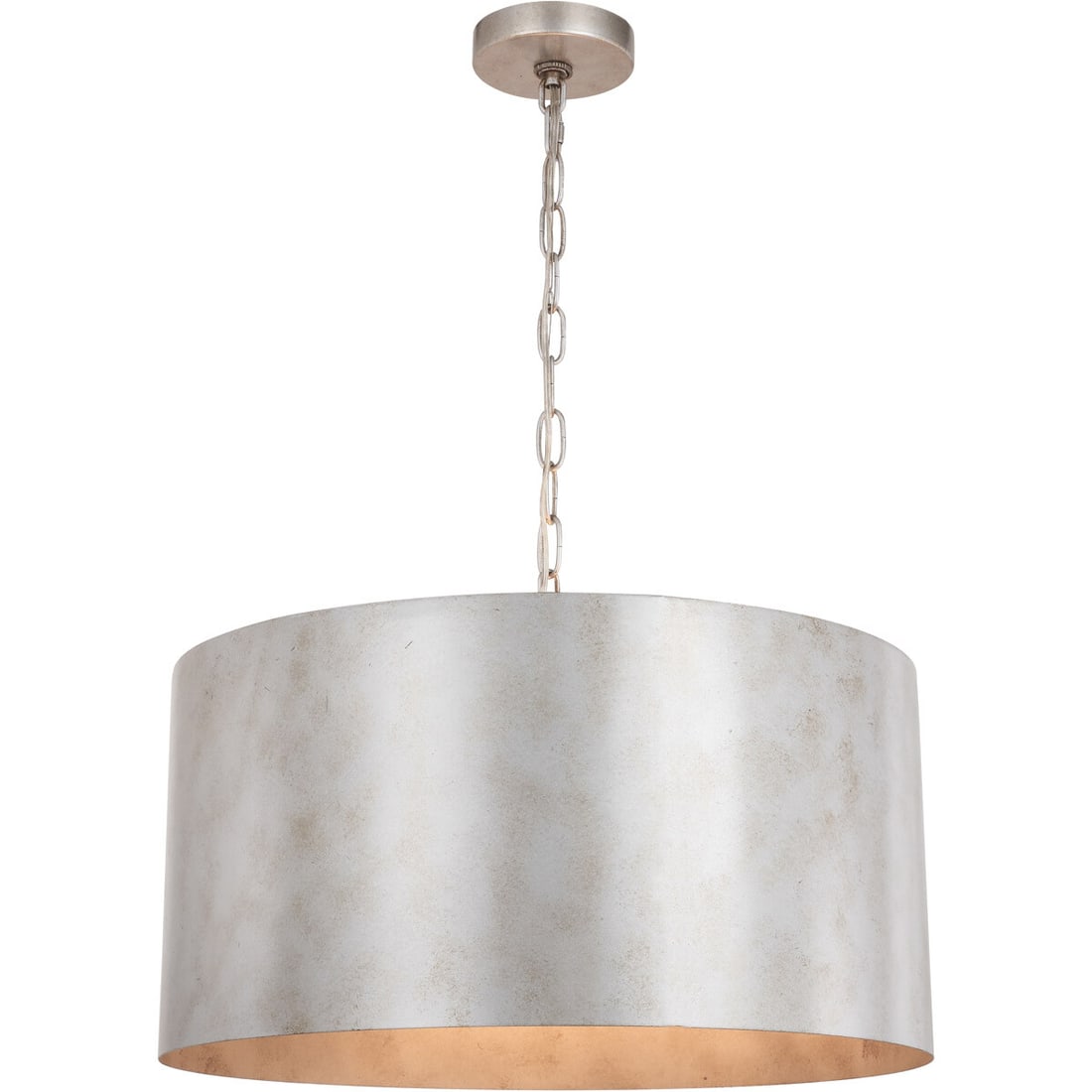 Living District Miro 20 in 3 Light Vintage Silver Pendant: Living District Miro 20 in 3 Light Vintage Silver Pendant Vintage silver modern pendant chandelier with a drum-shaped shade and metal construction. It features 3 lights, hardwired installation, wall s