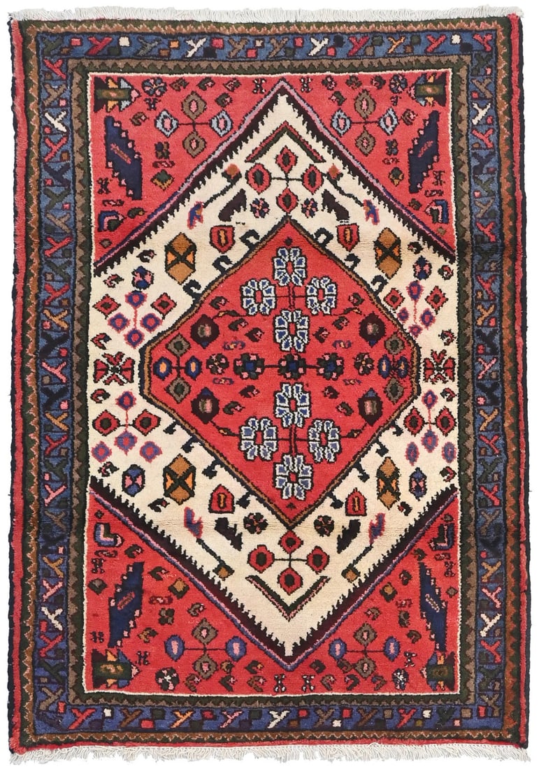 Vintage Tribal Wool Rug 3'4 x 4'8 Cream Hand-Knotted Geometric Carpet: Vintage Tribal Wool Rug 3'4 x 4'8 Cream Hand-Knotted Geometric Carpet This hand-knotted vintage tribal oriental rug features a geometric pattern in cream, coral, khaki, maroon, olive, brown, and pink 