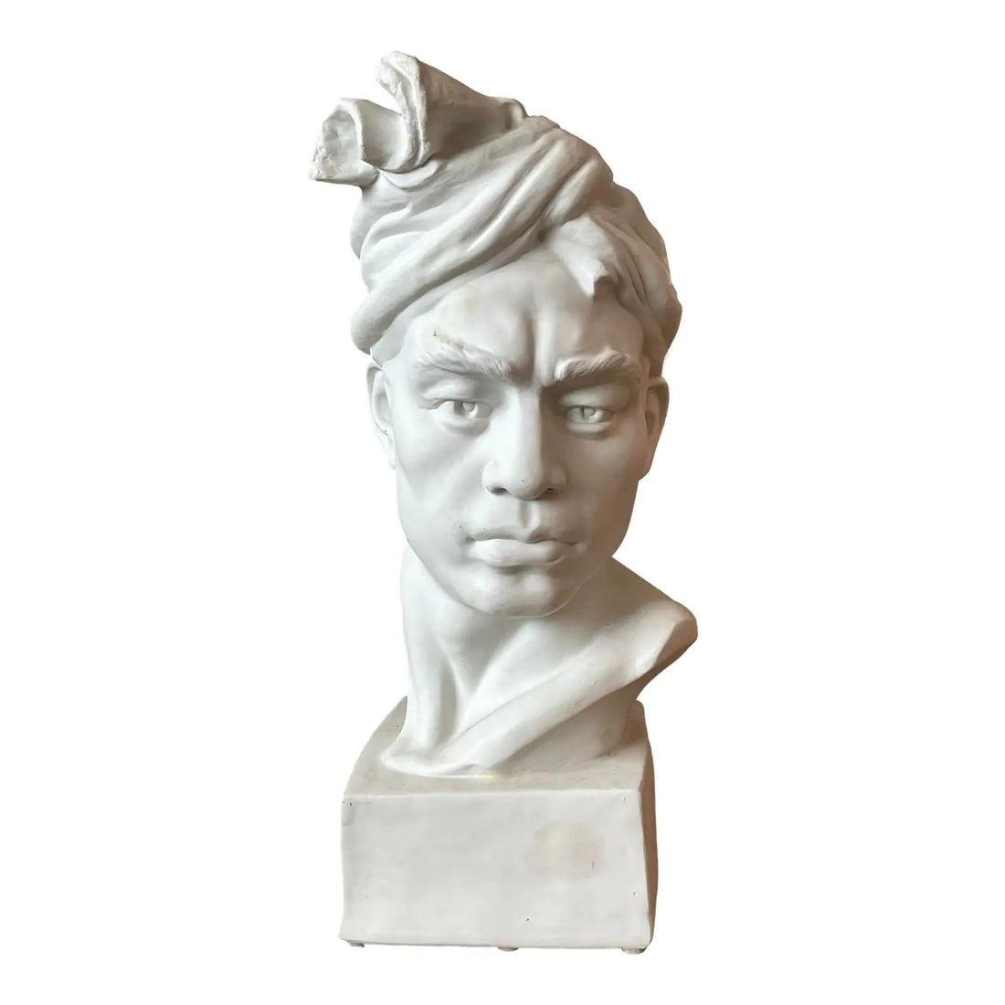 White Glazed Ceramic Male Bust Sculpture with Turban Headpiece 24.5" High: White Glazed Ceramic Male Bust Sculpture with Turban Headpiece 24.5" High This vintage bust showcases classical artistry with a unique cultural influence, featuring a man adorned with a regal,