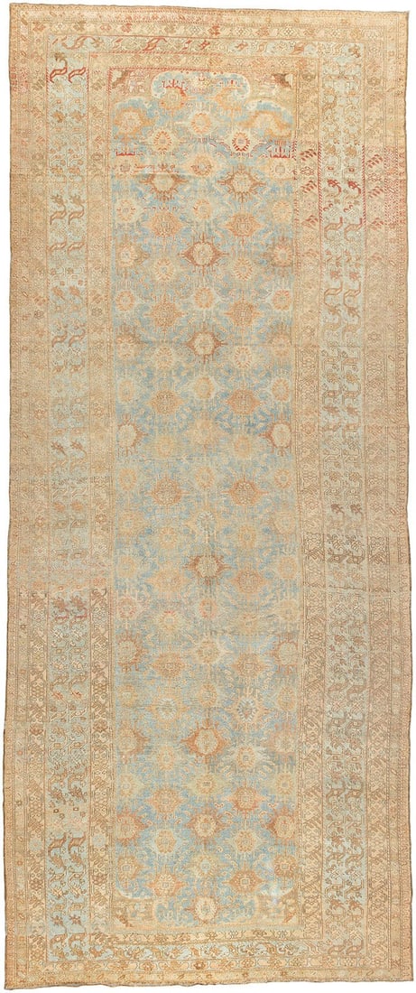 8' x 19' 4" Antique Malayer Gallery Rug Light Blue: 8' x 19' 4" Antique Malayer Gallery Rug Light Blue Early 20th century antique Malayer corridor rug in light blue and sand tones. This pre-owned gallery-size rug features the classic elongated