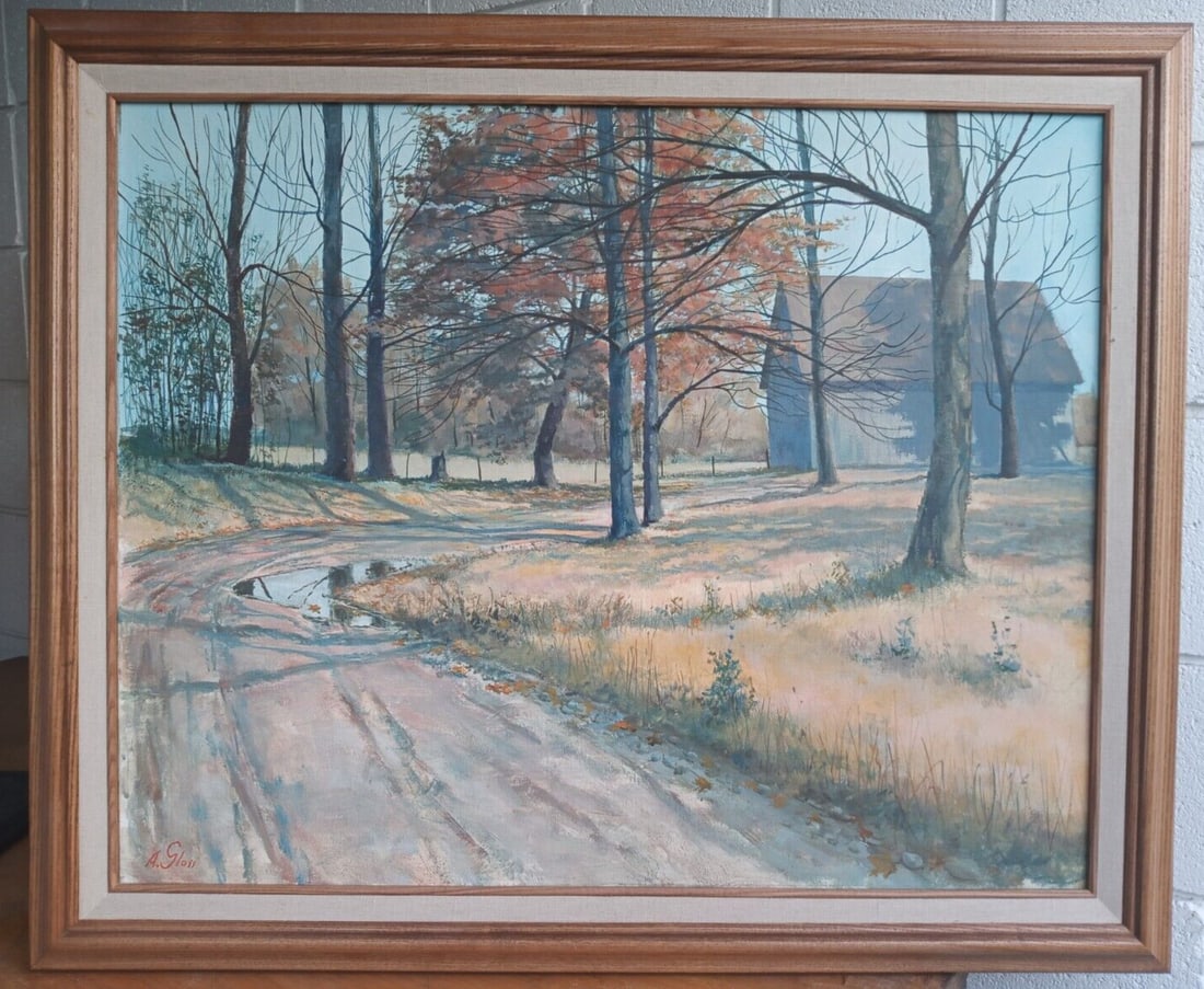 Framed Oil Landscape Painting on Canvas by August Gloss-Richmond The Puddle (1 of 15)