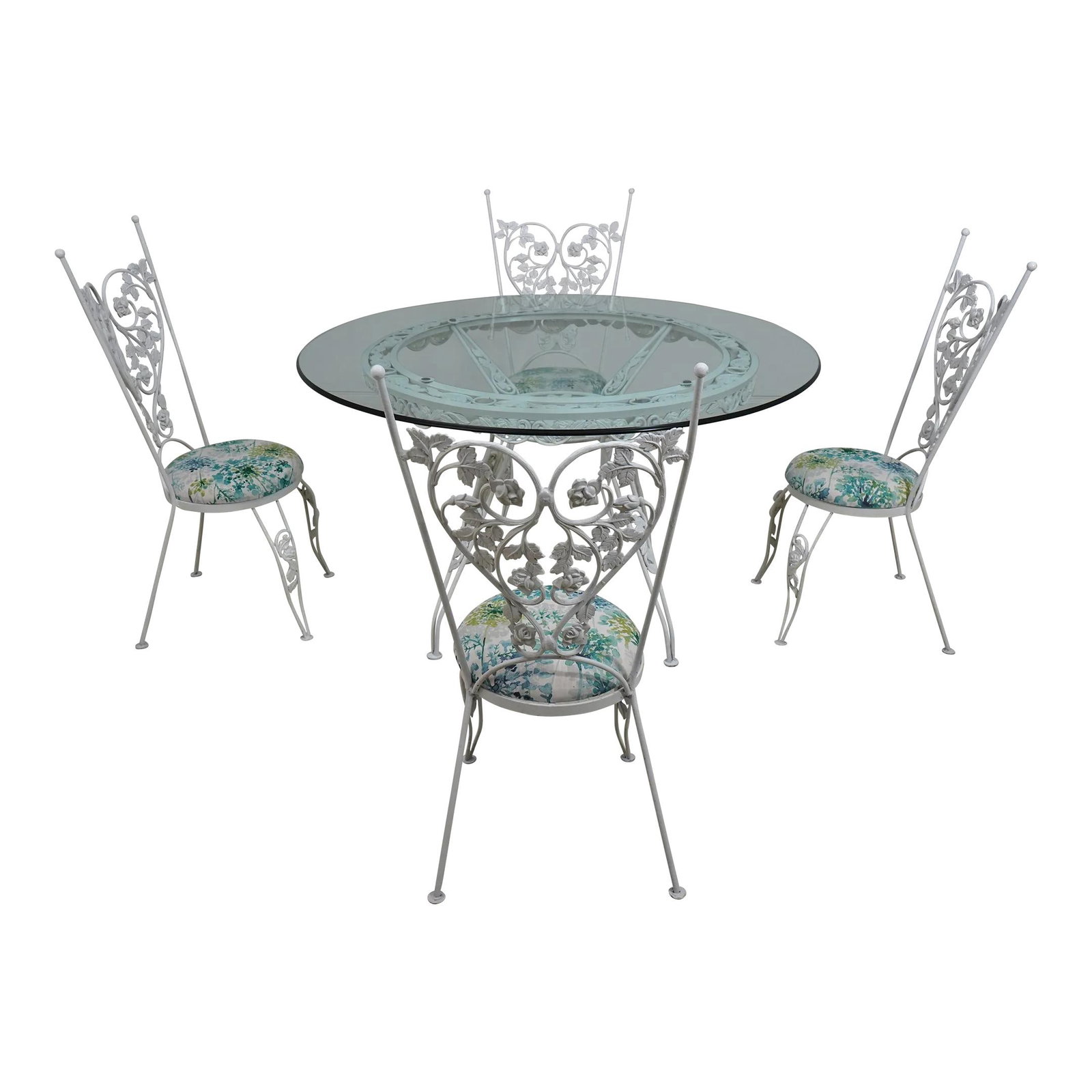 1950s Vintage Iron Dining Set with Beveled Glass Top and 4 Chairs: 1950s Vintage Iron Dining Set with Beveled Glass Top and 4 Chairs This exquisite vintage dining room set from the 1950s features a stunning beveled glass top and ornate iron work that adds a touch of 