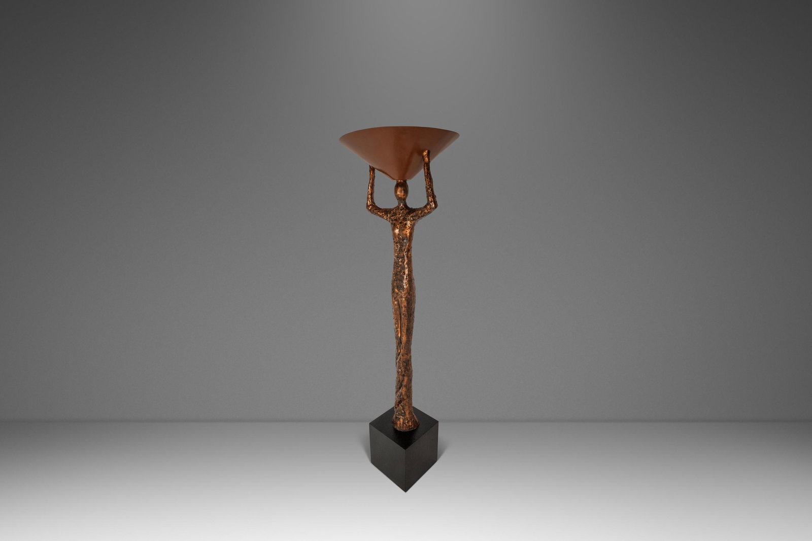 Art Deco Female Torchiere Lamp in the Manner of Giacometti 1970s 6ft Sculpture: Art Deco Female Torchiere Lamp in the Manner of Giacometti 1970s 6ft Sculpture This substantial Art Deco-inspired torchiere floor lamp stands 6 feet tall and features a sculptural female form with arm