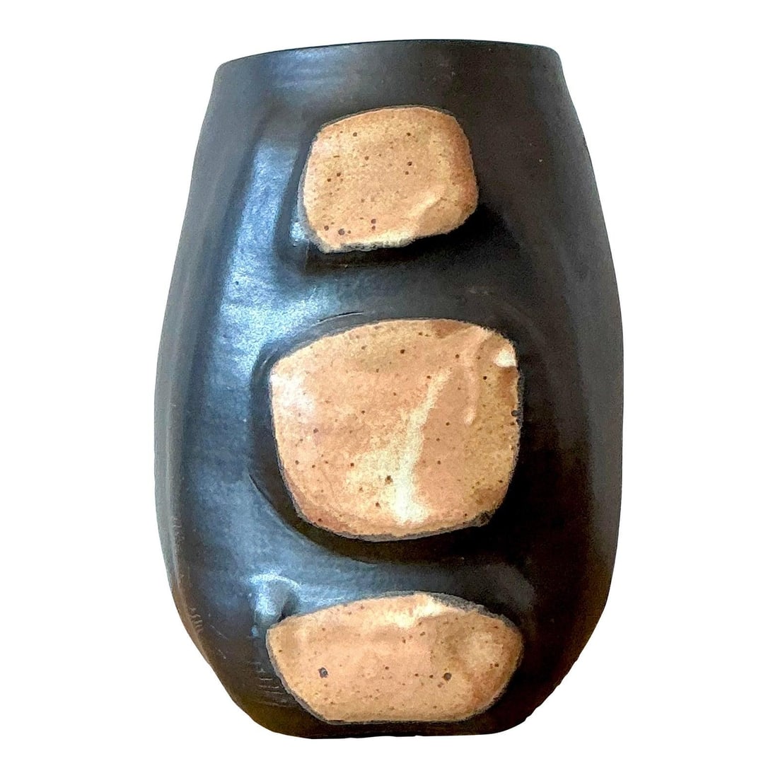 Handcrafted Vintage Studio Vase With Ebony Glaze And Raw Clay Panels: Handcrafted Vintage Studio Vase With Ebony Glaze And Raw Clay Panels This vintage studio pottery vase features a substantial, gently curved form with a deep satin black glaze and bold, abstract window