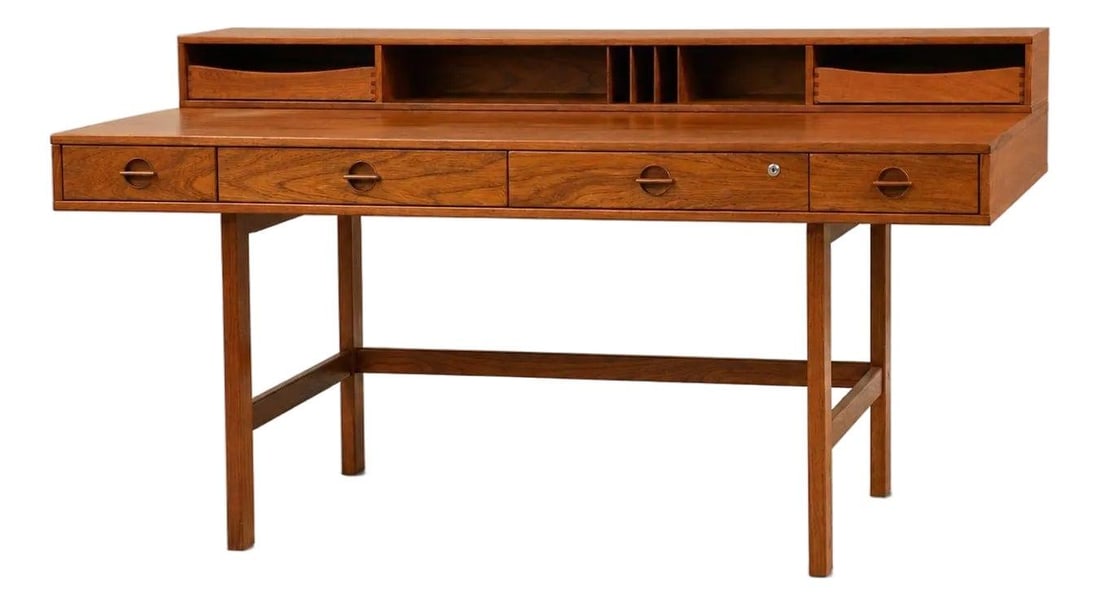 Danish Modern Teak Flip Top Desk by Peter Lovig Signed 1973: Danish Modern Teak Flip Top Desk by Peter Lovig Signed 1973 Mid century modern teak flip top desk designed by Peter Lovig, signed and dated 1973. This Danish-made piece has been professionally refinis