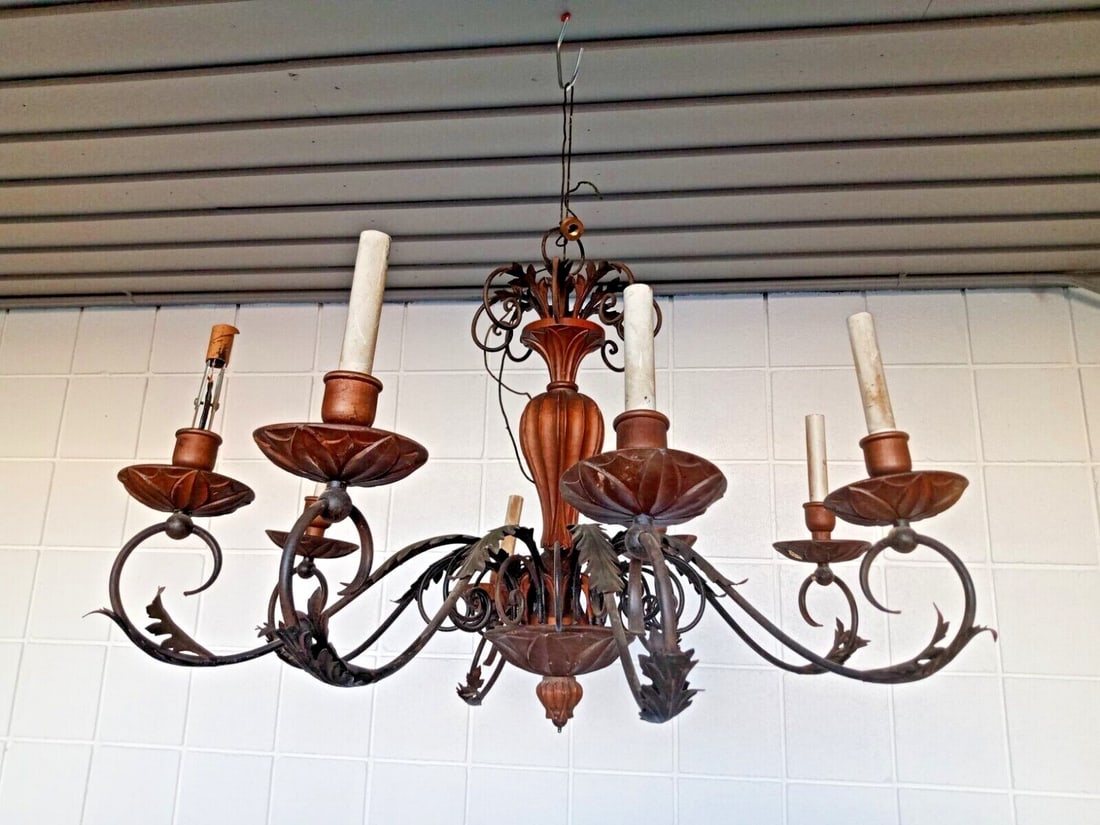 Italian Spanish Revival 8 Arm Iron Wood Chandelier 31in x 21in (1 of 12)