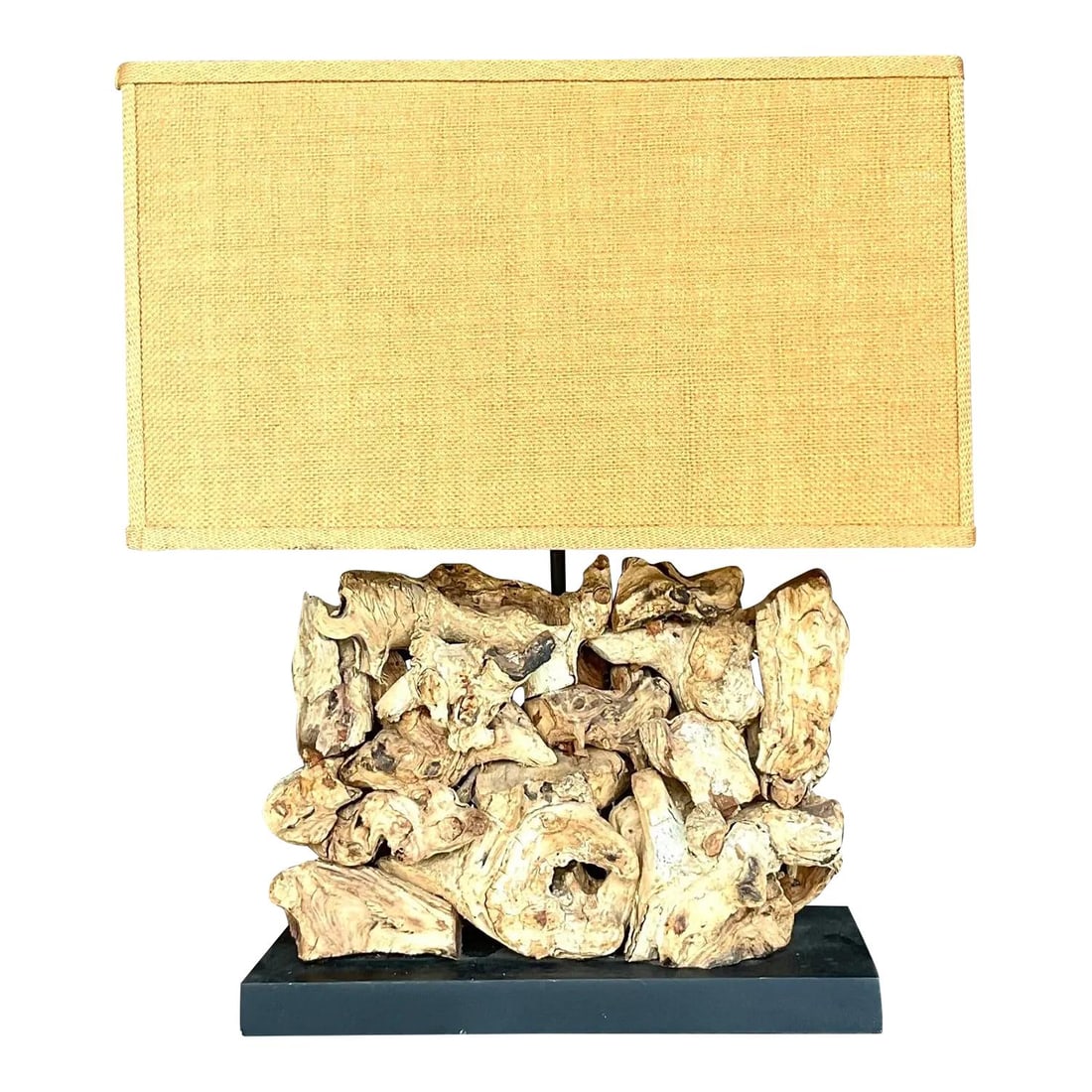 Vintage Boho Table Lamp with Wood Knot Base and Burlap Shade: Vintage Boho Table Lamp with Wood Knot Base and Burlap Shade Illuminate your space with this fabulous vintage Boho table lamp, featuring a unique design crafted from a chic block of wood knots. The la