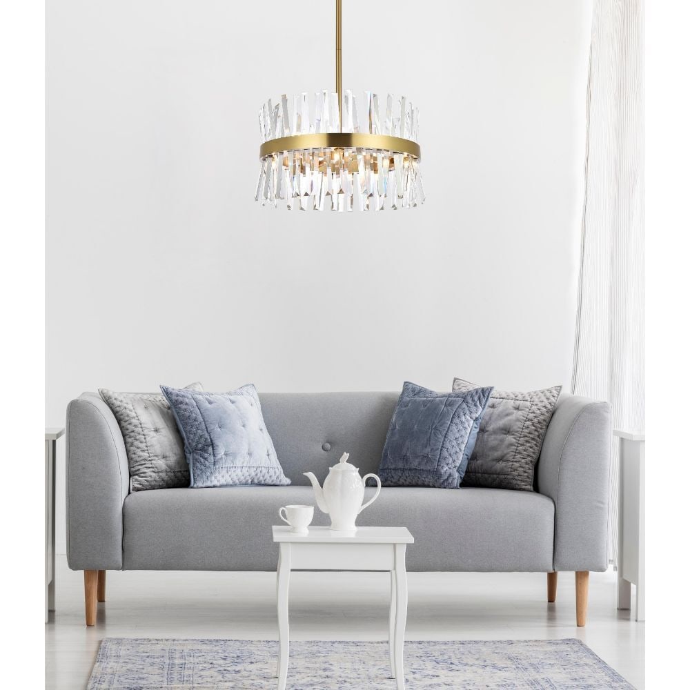 Serephina 10-Light Crystal Pendant Satin Gold 20 in: Serephina 10-Light Crystal Pendant Satin Gold 20 in Modern satin gold crystal chandelier with a 10-light design and clear Royal Cut crystals. It is hardwired, ETL rated, dimmable, and fire-rated, with