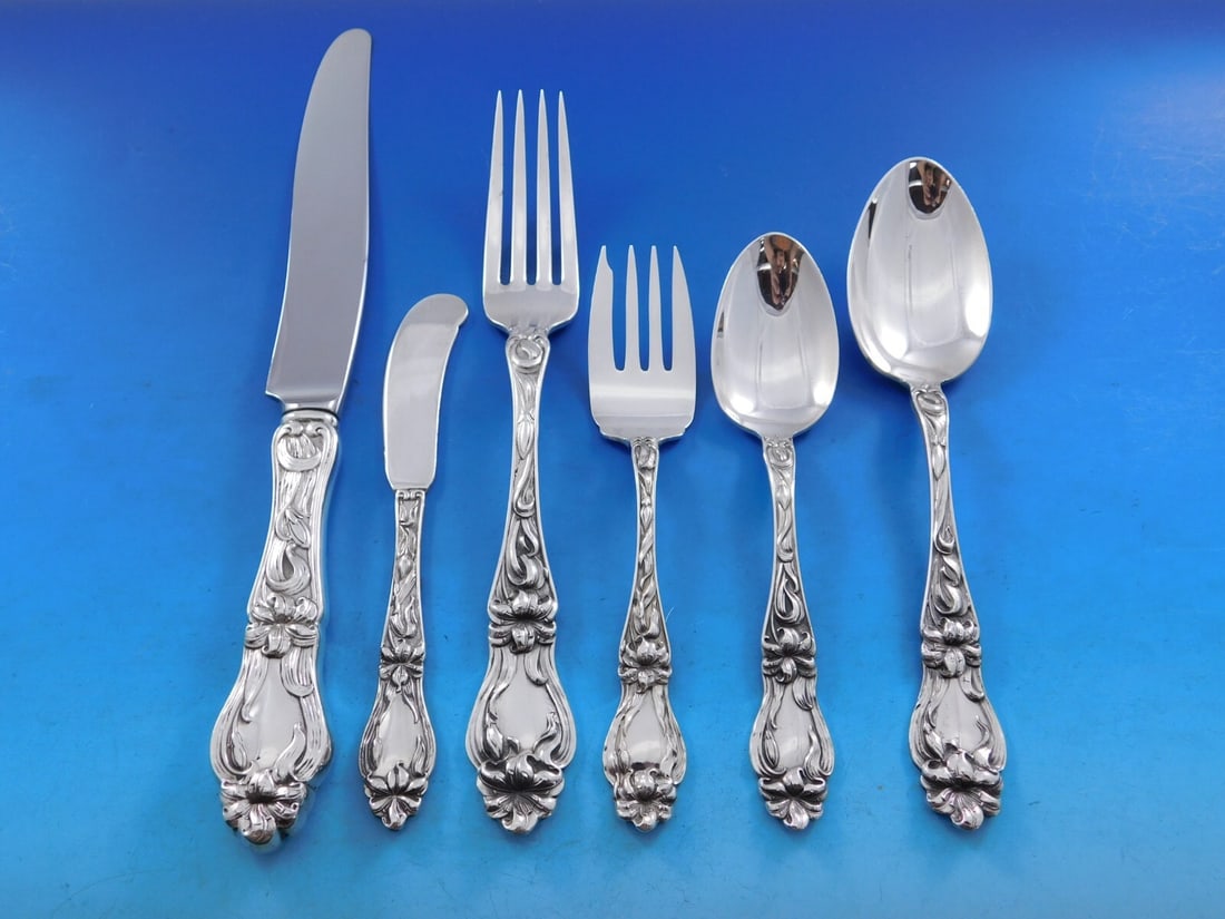 Frank Whiting Lily Sterling Silver Flatware Set 51 pcs Art Nouveau: Frank Whiting Lily Sterling Silver Flatware Set 51 pcs Art Nouveau Enhance your dining experience with this exquisite 51-piece Sterling Silver Flatware Set by Frank M. Whiting, featuring the elegant L
