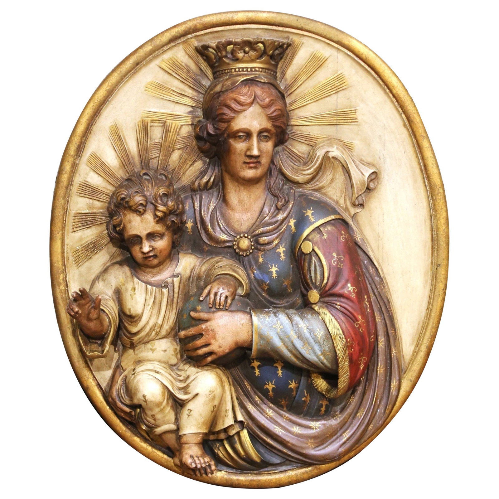 Baroque Spanish Madonna and Child Carved Wall Plaque: Baroque Spanish Madonna and Child Carved Wall Plaque This mid-19th century Spanish wall plaque depicts the Madonna and Child in high relief within an oval medallion. Crafted circa 1870, the piece is h