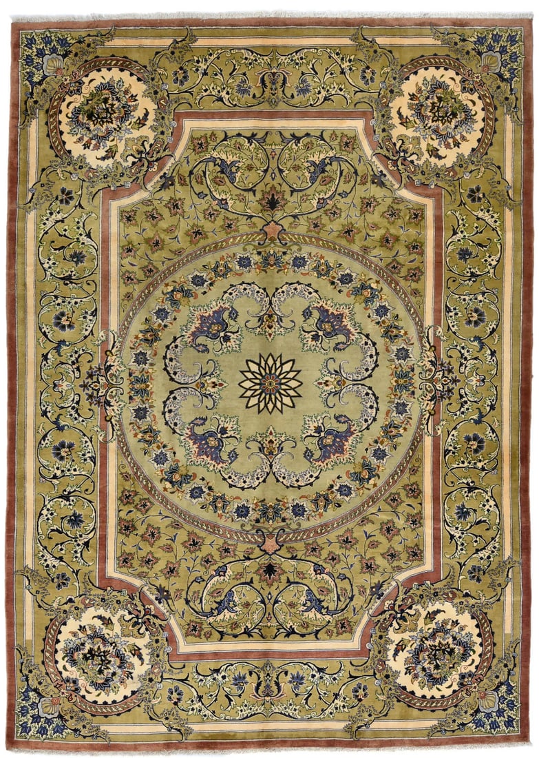 One-of-a-Kind 9'9 x 13'5 Hand-Knotted Wool Oriental Rug Golden Olive Vintage Medallion: One-of-a-Kind 9'9 x 13'5 Hand-Knotted Wool Oriental Rug Golden Olive Vintage Medallion Enhance your space with this one-of-a-kind Oriental rug, featuring a classic medallion design in a rich golden ol
