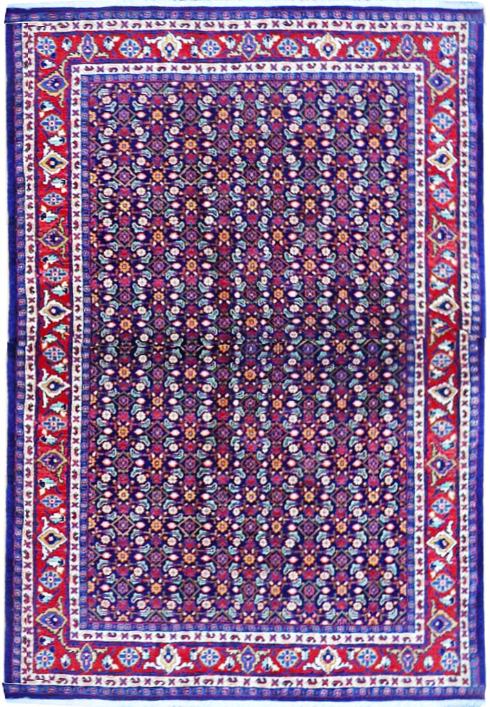 Persian Sarouk Mir Mahal Rug 4'3 x 6'10 Handmade Wool Red Navy: Persian Sarouk Mir Mahal Rug 4'3 x 6'10 Handmade Wool Red Navy Free continental US Shipping Transform your living space with the exquisite Persian Sarouk Mir Mahal Rug, meticulously handcrafted by ski