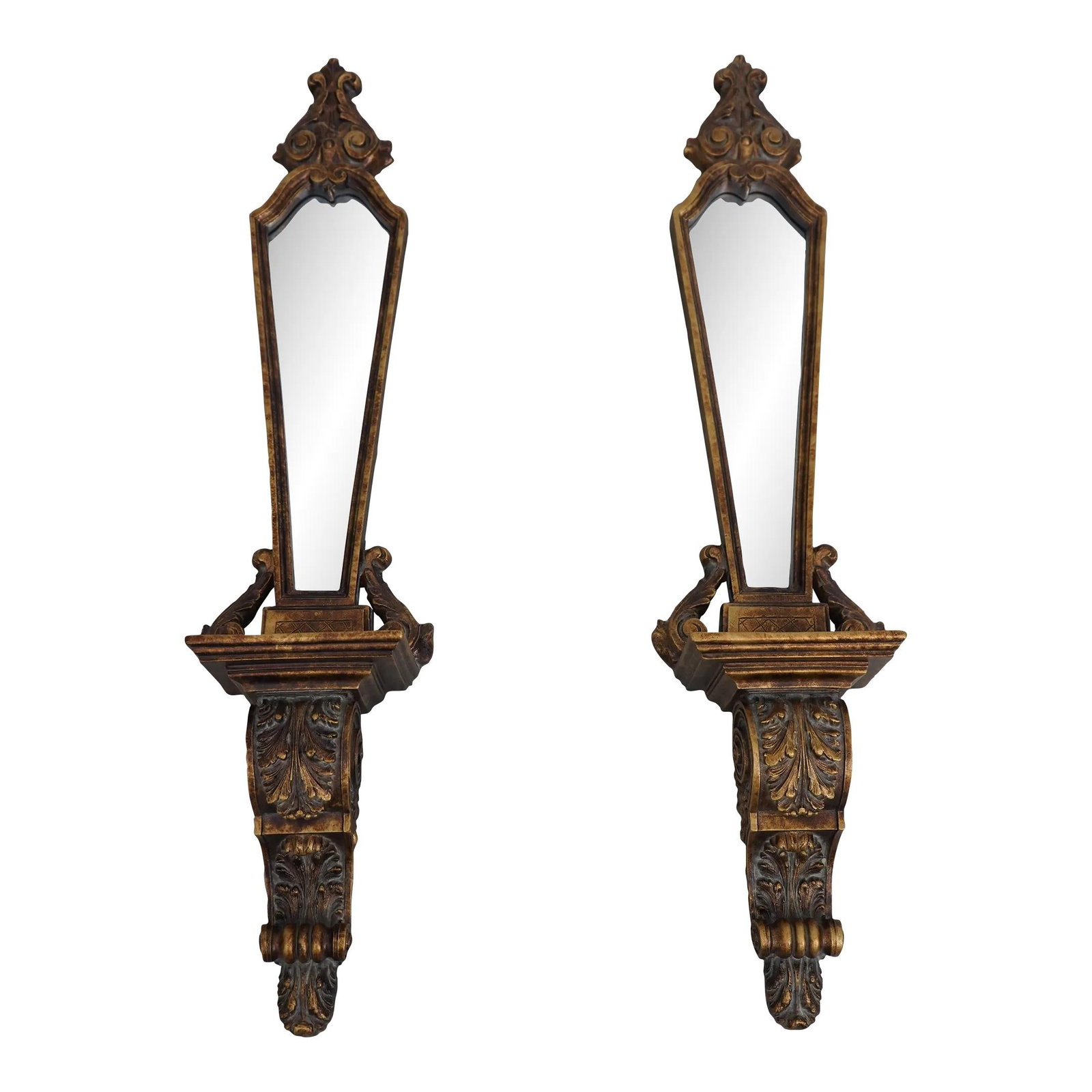 Elegant Pair of Gold Finish Mirrored Wall Shelves: Elegant Pair of Gold Finish Mirrored Wall Shelves Enhance your space with this elegant pair of Bombay Co classical mirrored wall shelves. Featuring beveled glass mirrors and a stunning gold finish, th