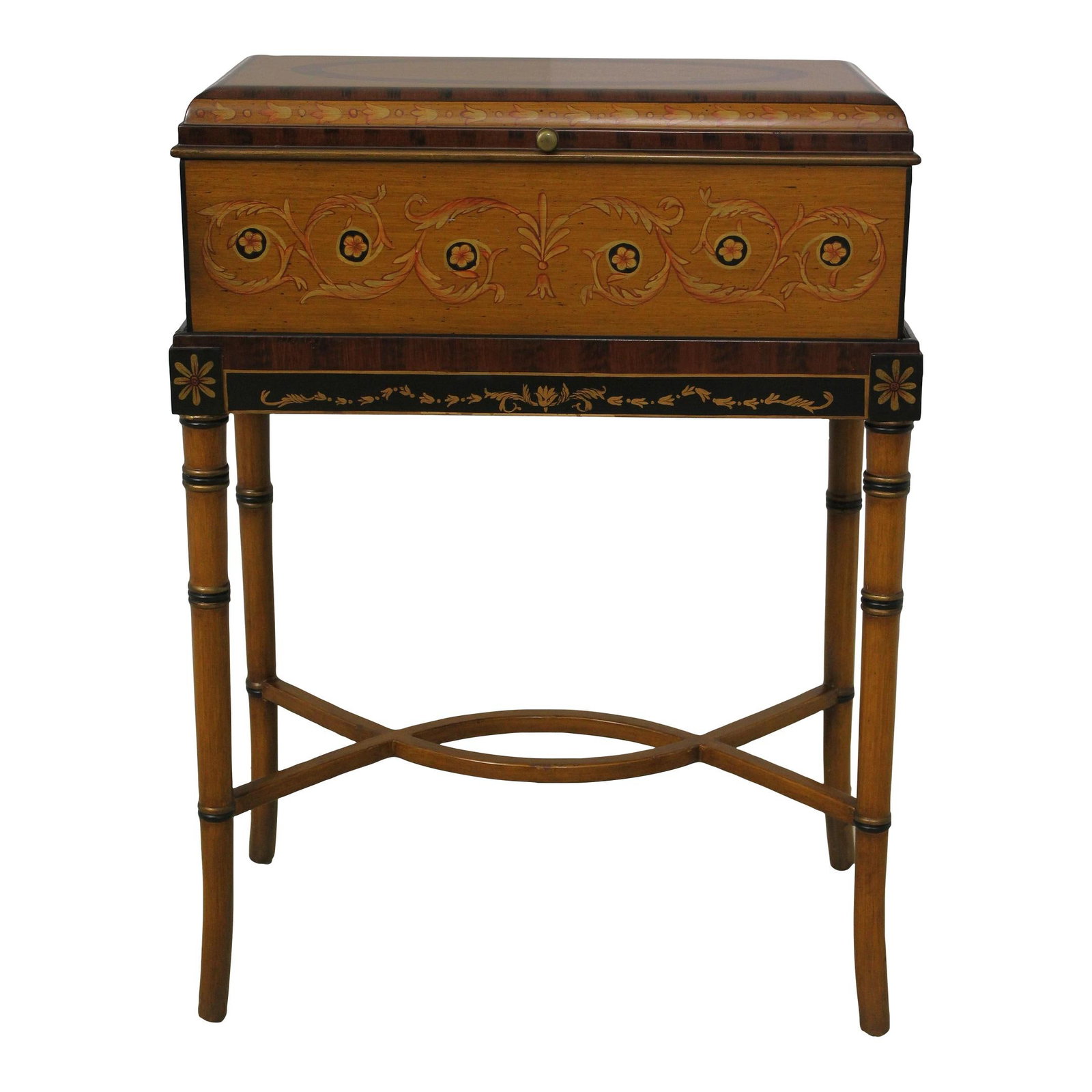 Elegant Neoclassical Flip Top Box with Brass Hardware: Elegant Neoclassical Flip Top Box with Brass Hardware This exquisite Neoclassical flip top box on stand showcases a beautifully decorated finish, making it a striking addition to any decor. Crafted wi