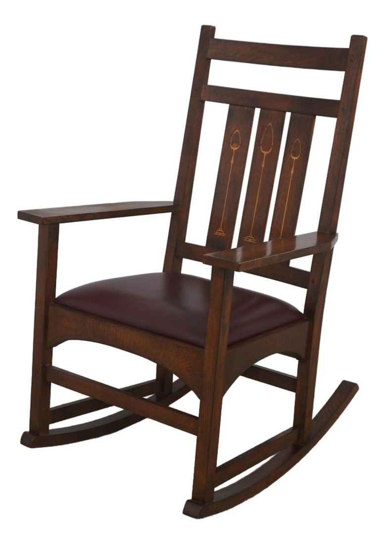 Stickley Mission Oak Rocker Harvey Ellis Inlay Burgundy Leather Seat (1 of 10)