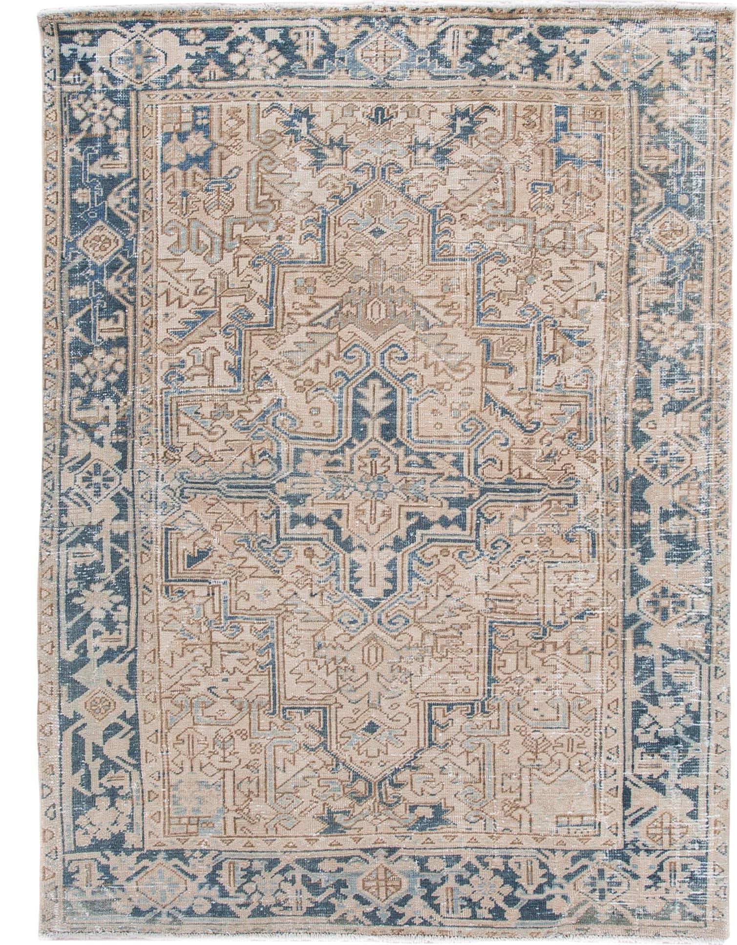 Antique Persian Heriz Handmade Wool Rug Beige Blue 6'3 x 8'4: Antique Persian Heriz Handmade Wool Rug Beige Blue 6'3 x 8'4 Discover the charm of this beautiful antique Persian Heriz hand-knotted wool rug. Featuring a soft beige field, it is elegantly framed in b