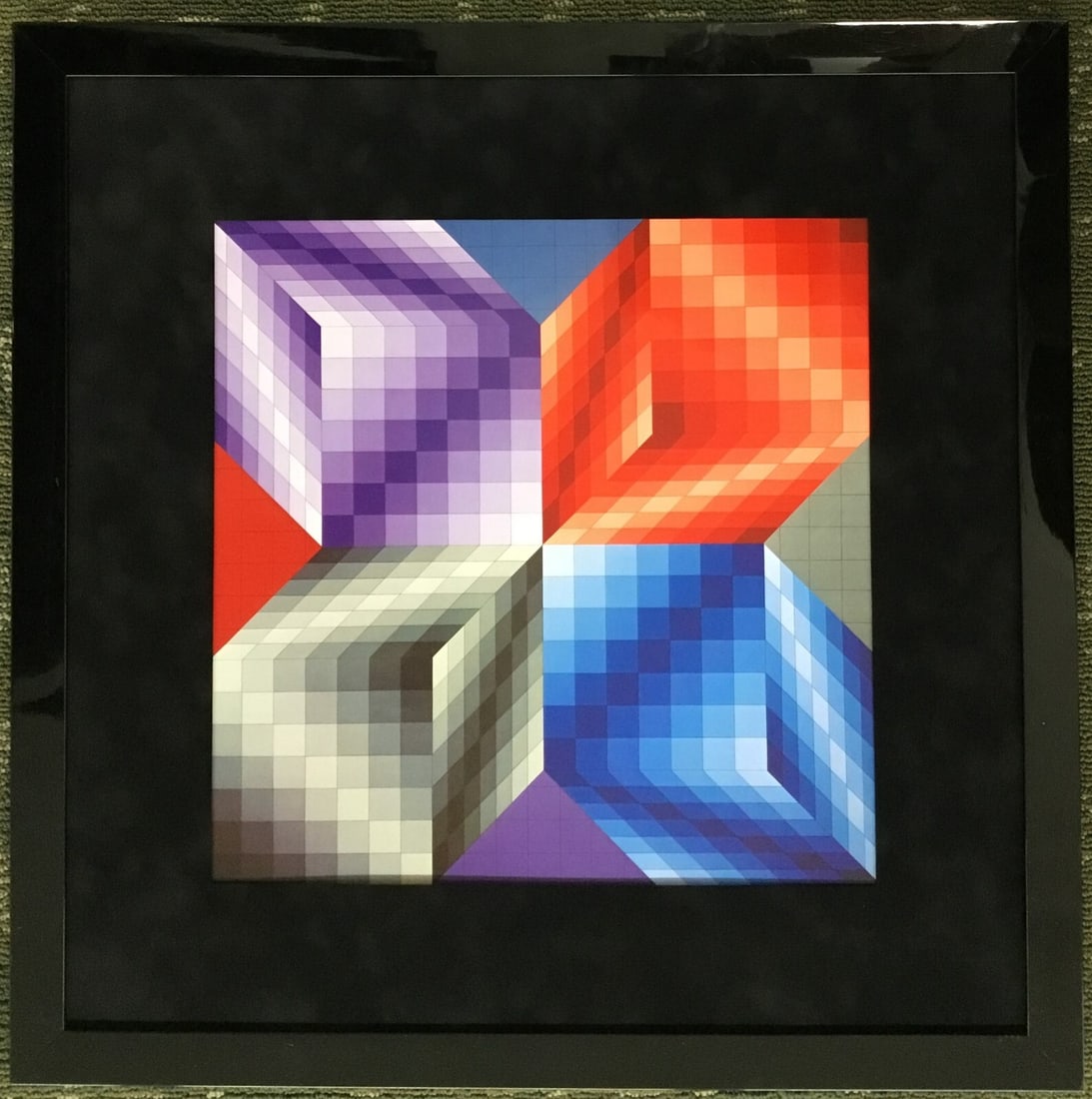 Framed 1972 Victor Vasarely Kub-Stri heliogravure print 22 x 22 (1 of 3)