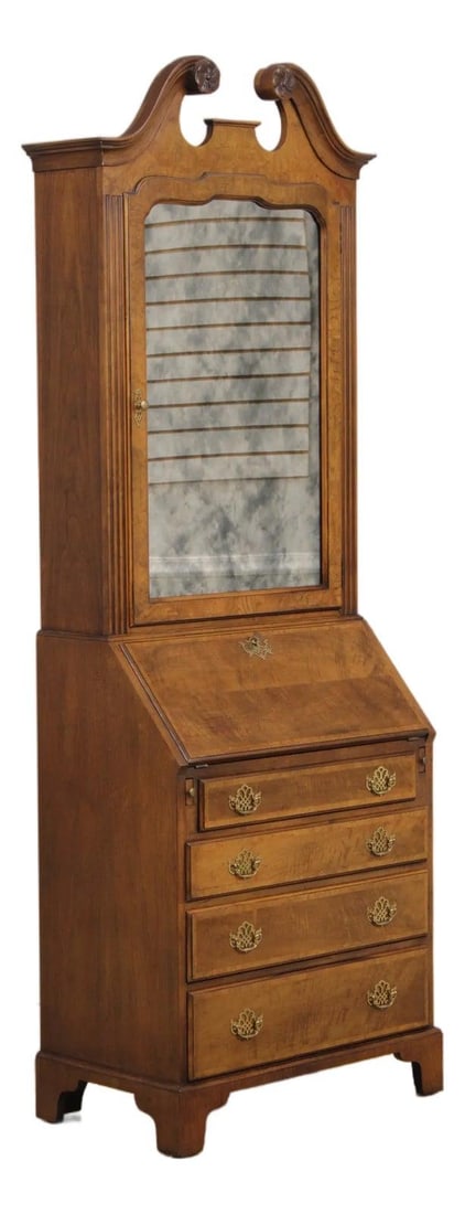 Walnut Secretary Desk by Baker George II Style 29 W x 17 D x 83 H: Walnut Secretary Desk by Baker George II Style 29 W x 17 D x 83 H George II style walnut secretary desk with quality construction and an English style design. Features include a pediment top, solid br